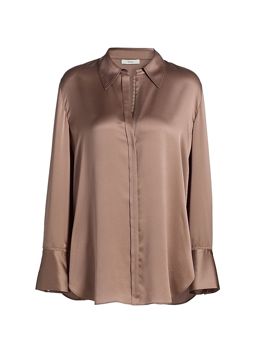 Women's Silk Lace-Trim Button-Front Shirt - Mauve Lilac - Size XL