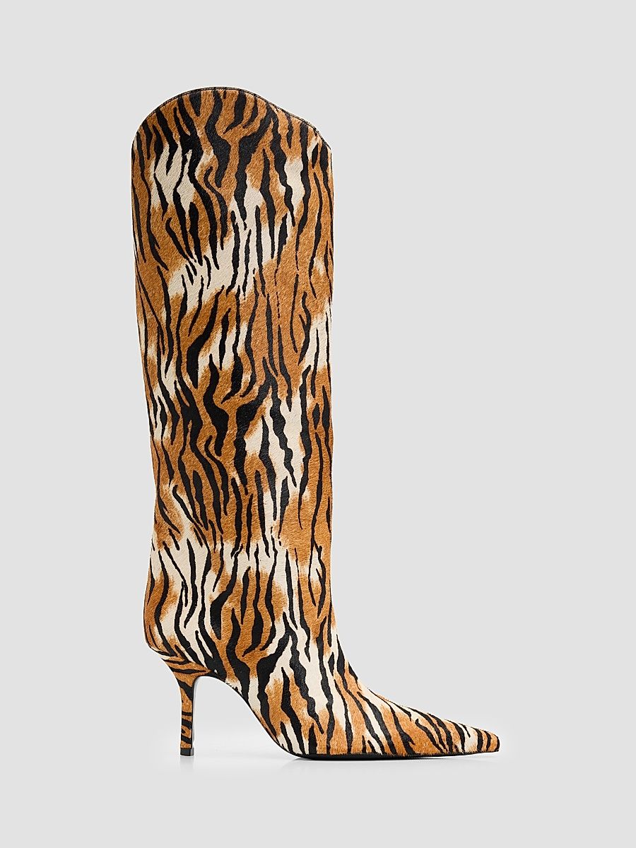 Women's Mary Ellen 85MM Tiger-Print Goat Hair Boots - Natural Black - Size 9