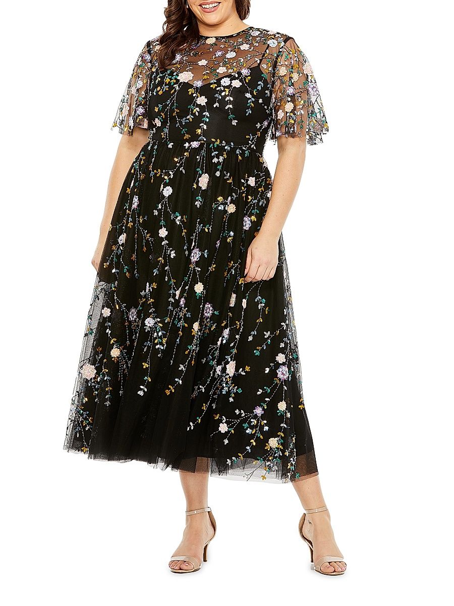 Women's Plus Embellished Floral Fit & Flare Midi-Dress - Black Multi - Size 22