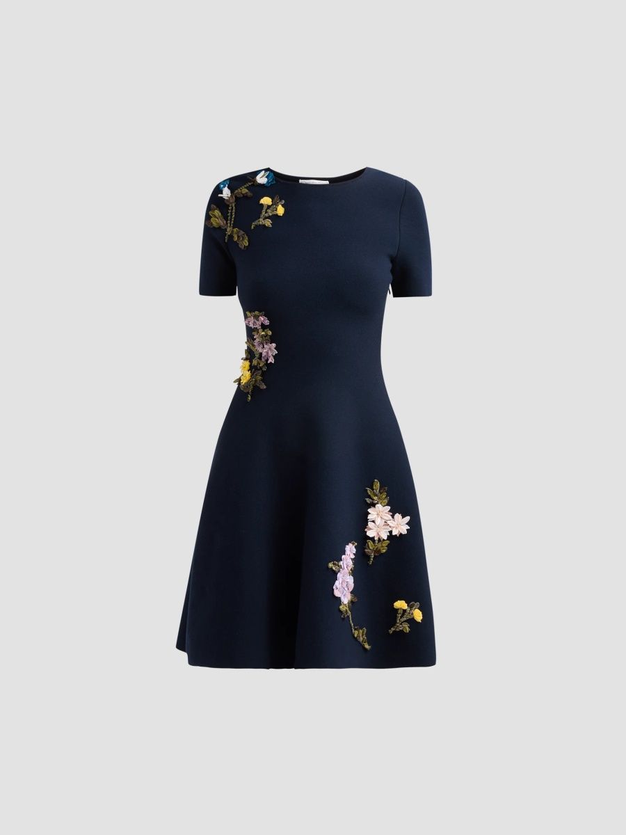 Oscar de la Renta Women's Embroidered Fit & Flare Short-Sleeve Mini Dress - Navy - Size XL