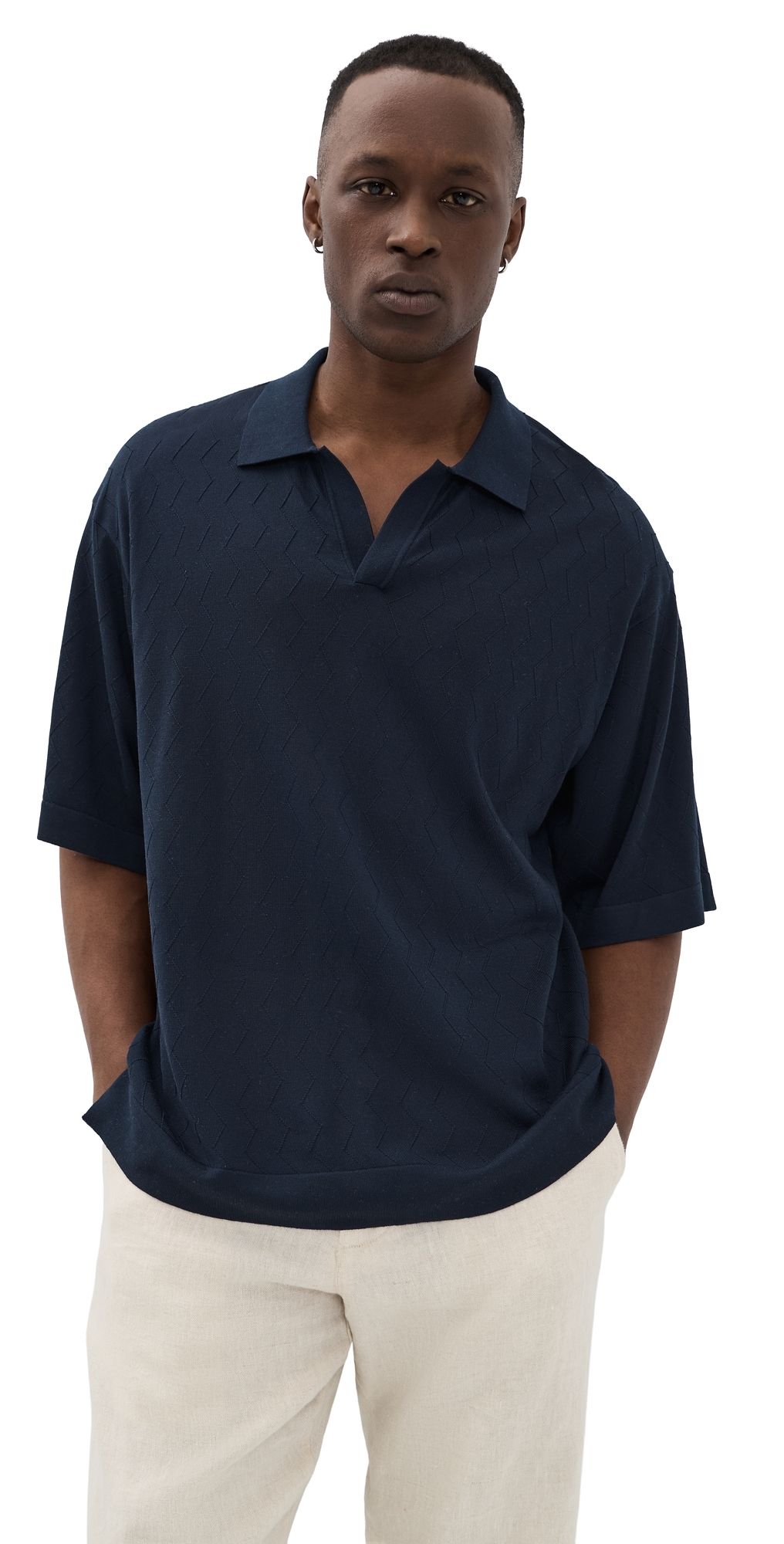 Officine Generale Pele Textured Knit Polo Navy Ink M