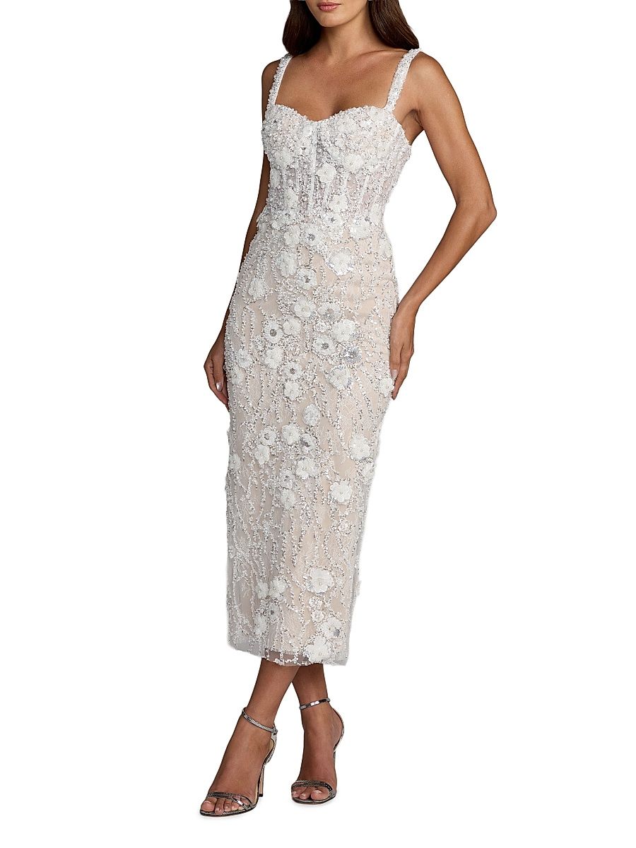 Women's Beaded Embroidery Fitted Midi-Dress - Ivory Beige - Size 8