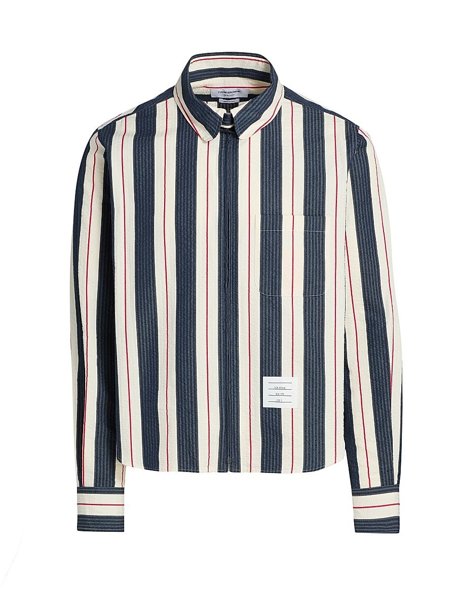 Men's Seersucker Stripe Cotton Zip Shirt - Red Blue White - Size Small