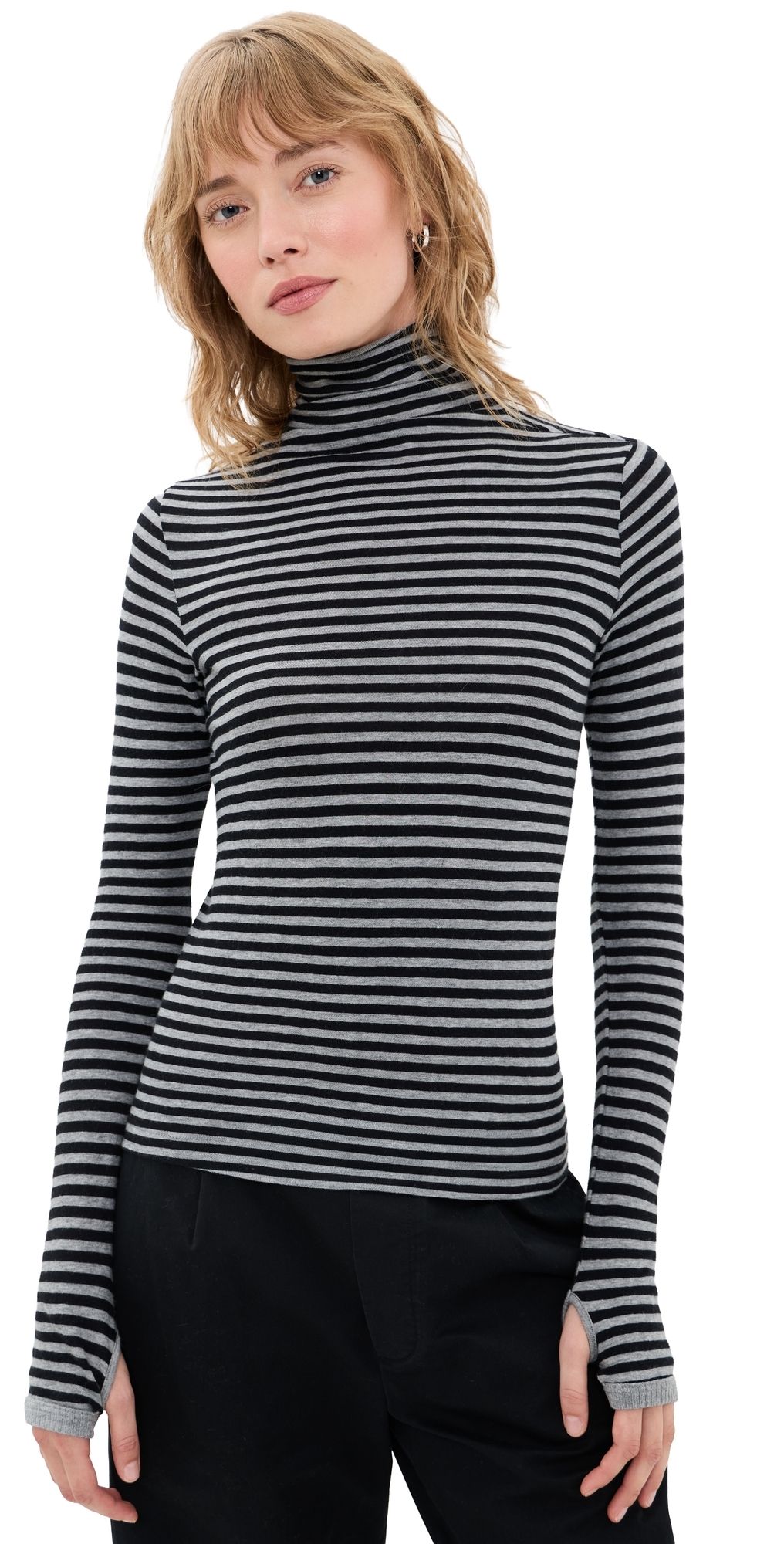 Enza Costa New Classic Striped Turtleneck Top Smoke/Black M