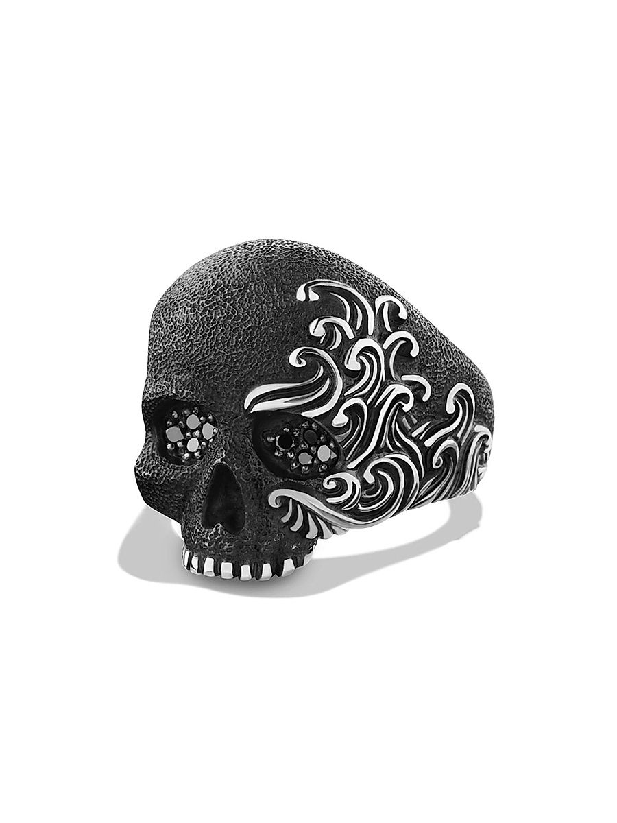 Men's Waves Skull Ring in Sterling Silver, 24MM - Black Diamond - Size 9