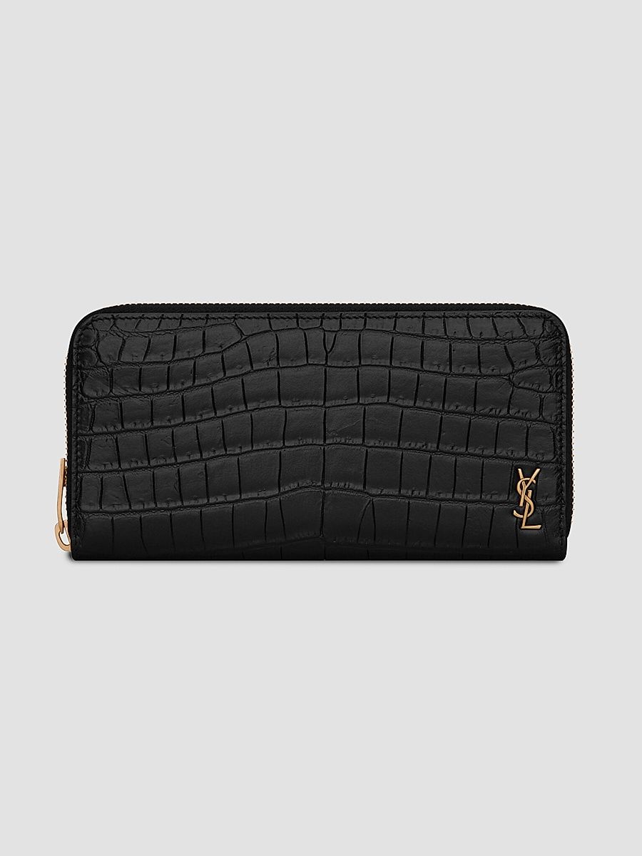 Saint Laurent Men's Tiny Cassandre Zip-Around Wallet in Crocodile-Embossed Leather - Black